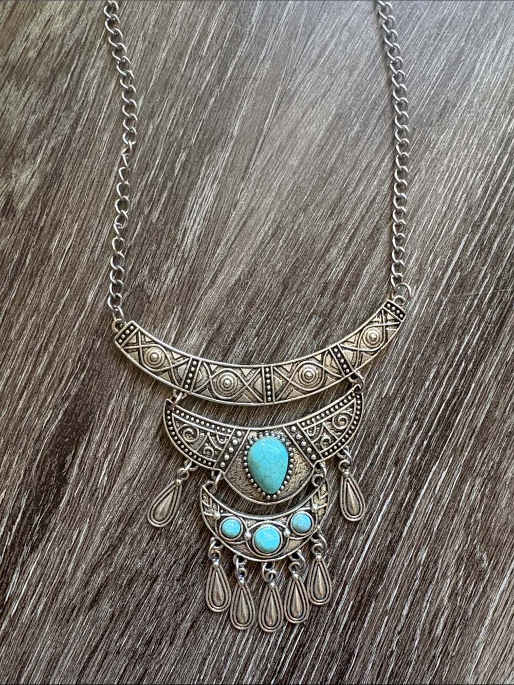 Boho Turquoise Pendant Necklace - Silver-Tone Statement